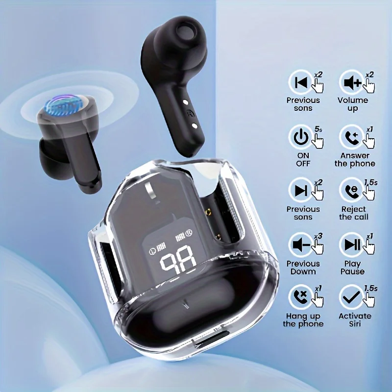 Transparent Wireless Earbuds with LED Display, ENC Noise Cancelling, HiFi Stereo Sound, Mini Charging Case, Sports Earphones