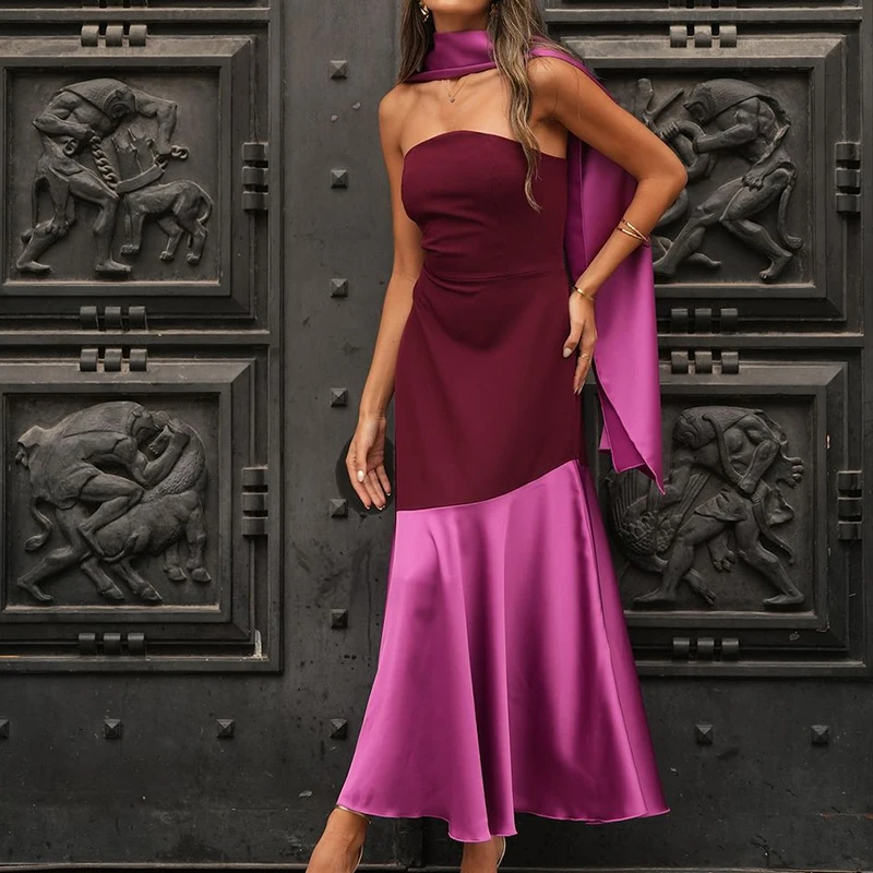

Elegant High Waist Wrap Hip Mermaid Dresses Fashion Color Blocked Pleats Slim Evening Dress Sexy Strapless Patchwork Long Dress