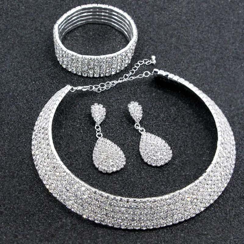 Women Rhinestone Crystal Choker Full Diamond Jewelry Set Necklace Earrings Bracelet Earring Set Wedding Jewelry Bridal Accessory