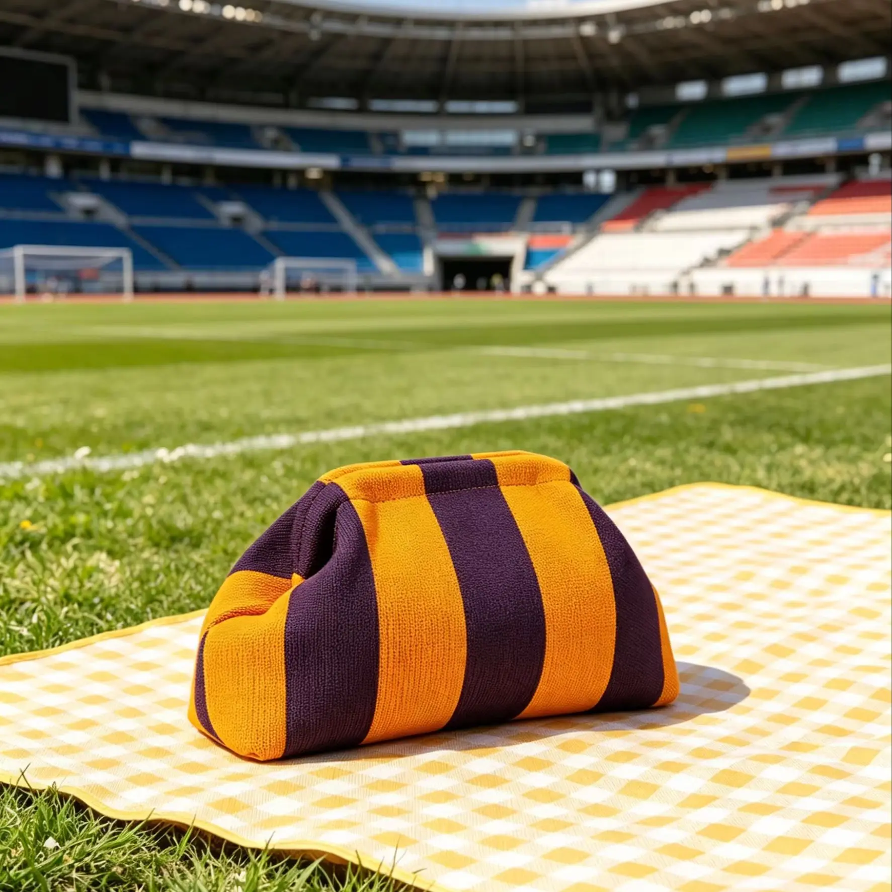 Bolsa de maquillaje de punto a rayas en contraste morado y amarillo, bolsa de aseo deportiva portátil de gran capacidad con cremallera, bolsa de almacenamiento informal de mano (patrón aleatorio)