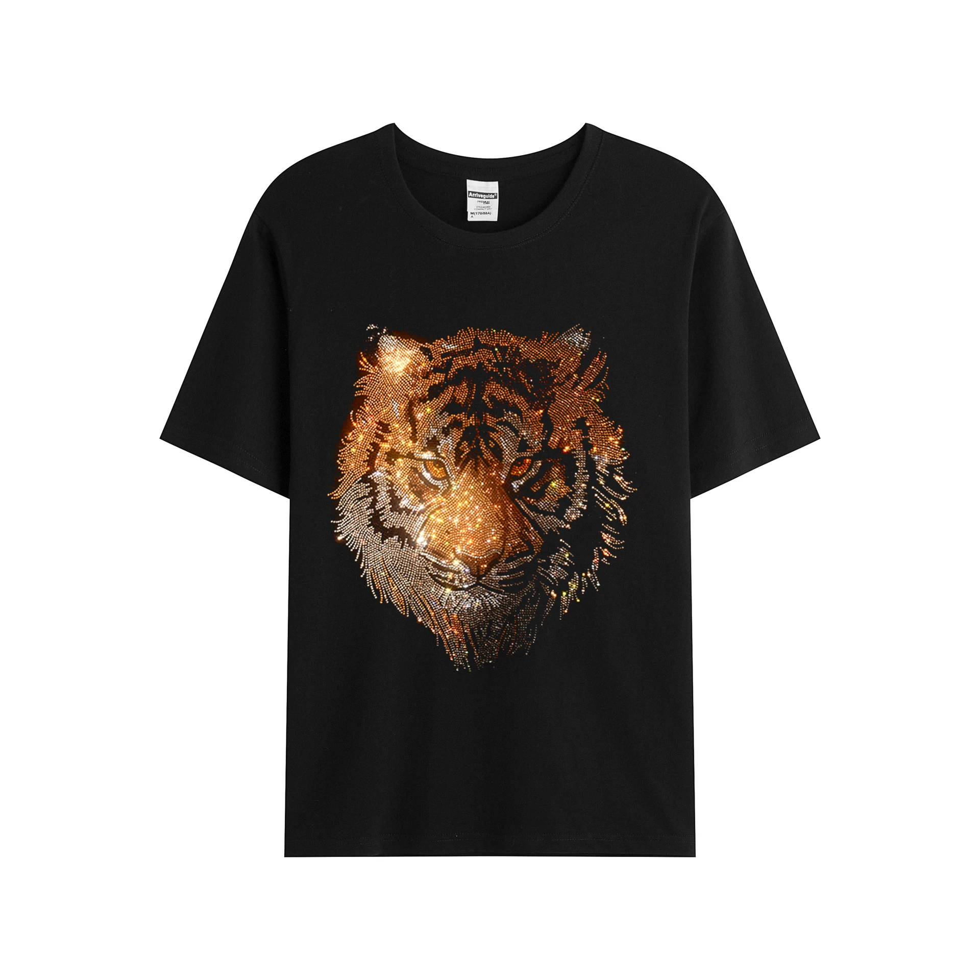 High-quality summer short-sleeved casual fashion men\'s T-shirt shiny Rhine cool tiger head pattern cotton T-shirt