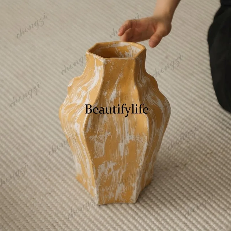 Brush-marked ceramic vase, retro wabi-sabi wind flower ware, living room, soft dried flower pottery ornament