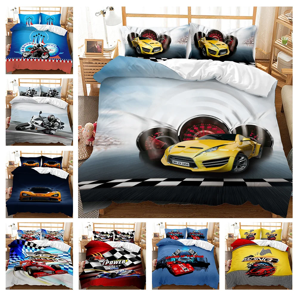 

3D Printed Queen - Size Sports Car Duvet Cover Set. Cool Speed Racing Car Automobile Style for Kids & Teen Boys