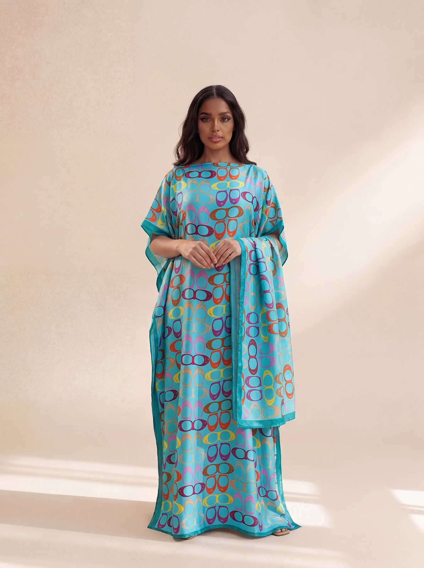 New Style Long Loose Silk Blend Beach Cover up Dress Middle East Pattern Printed Elegant Long Robe Dress for Women view 2
