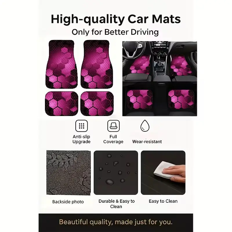 4pcs Rose Pink Honeycomb Print Car Floor Mat Universal Non-Slip Polyester Auto Floor Carpets Set Interior Accessories For SUVs view 3