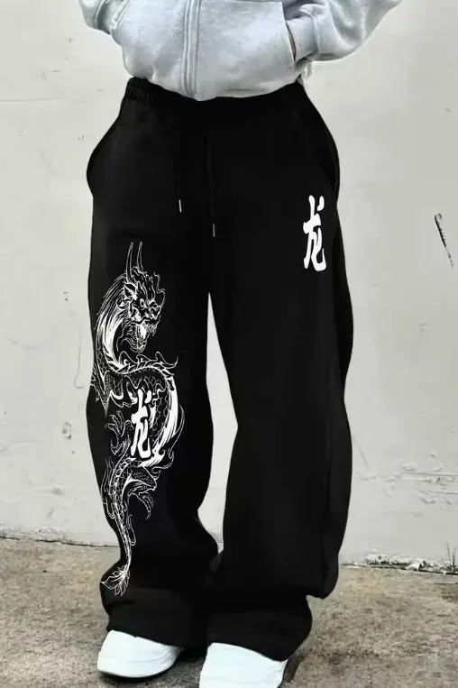 Retro Cross Pattern 3D Black Sports Pants - Men's Dark Aesthetic Gothic Loose Wide-leg Stretch Pants