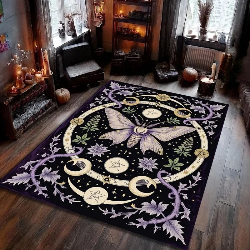 VIKAMA Witchy Moth Area Rug Gothic Moon Star Pentagram Pattern Non Slip Carpet for Living Room Bedroom Home Decor