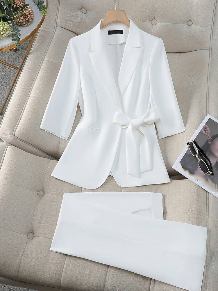 Office Ladies Formal Pant Suit 2 Piece Set Women Pink Yellow White Female Business Work Wear Blazer Jacket And Trouser