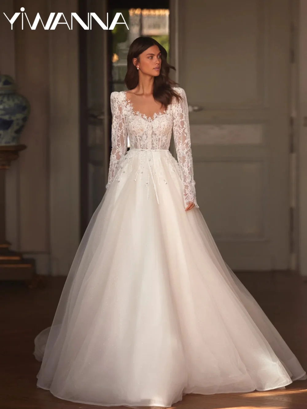 

New Dazzling Beaded Lace Wedding Dress Dreamy Oneck Long Sleeve Bridal Gown New Customized Elegant A-line Dresses For Bride