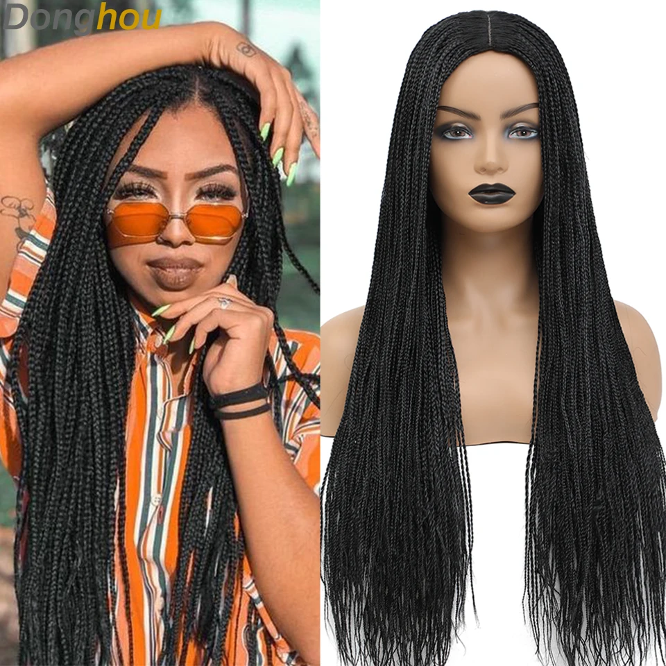 Donghou Box Braided Wigs for Women 26 Inch Ombre Long Micro Braids Wig Heat Resistant Fiber Synthetic Box Braids Knotless Wig