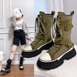 Autumn Nubuck Leather Boots Women's Thick-soled Mid-calf Non-slip Sneakers Round Toe Front Lace-up Motorcycle Boots