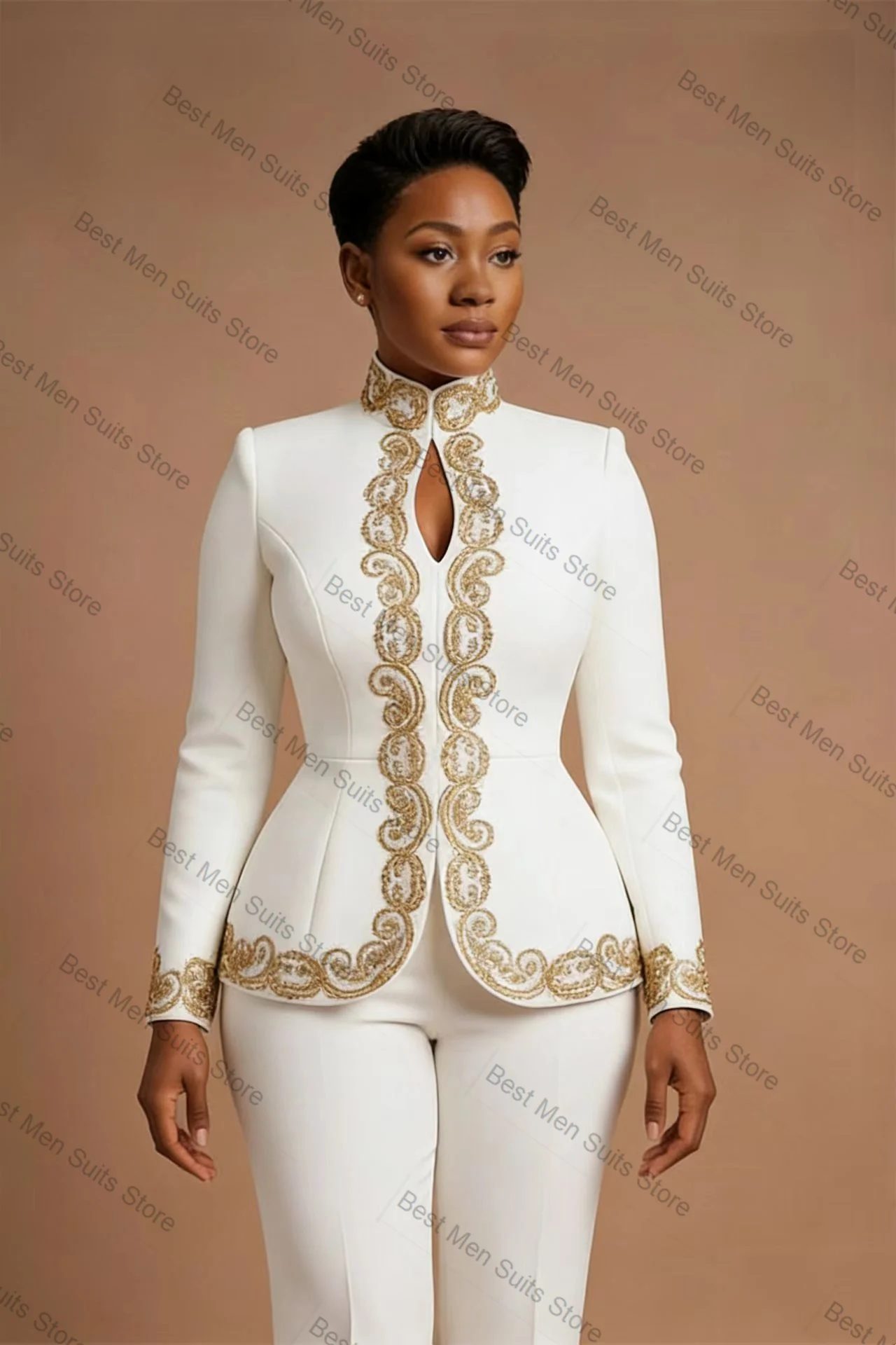 

Gold Crystals Women Suit Set 2 Pcs White Blazer Pants Trousers Formal Office Jacket Customized Wedding Tuxedo Guest Coat