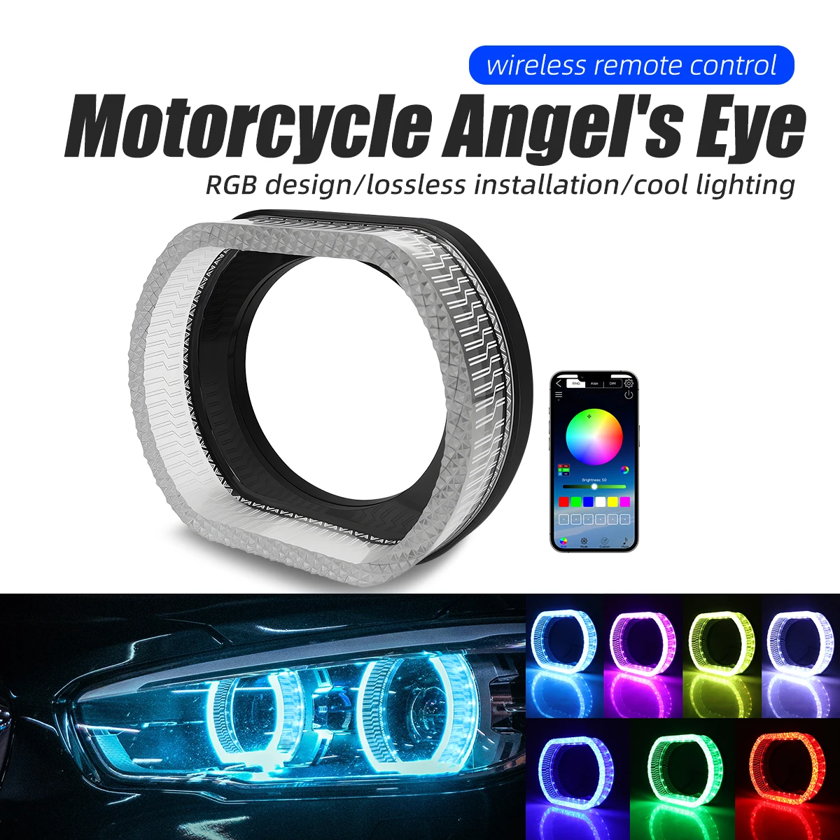 1Pc 3 Inch 5D Ellipse RGB Angel Eye Halo Ring APP Bluetooth Control For BMW Style Headlight Bi-xenon Lens DRL Turn Signal Light