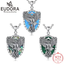 Eudora 925 Sterling Silver Michael Archangel Necklace Abalone Shell Malachite Amulet Pendant for Men Women Religious Jewelry