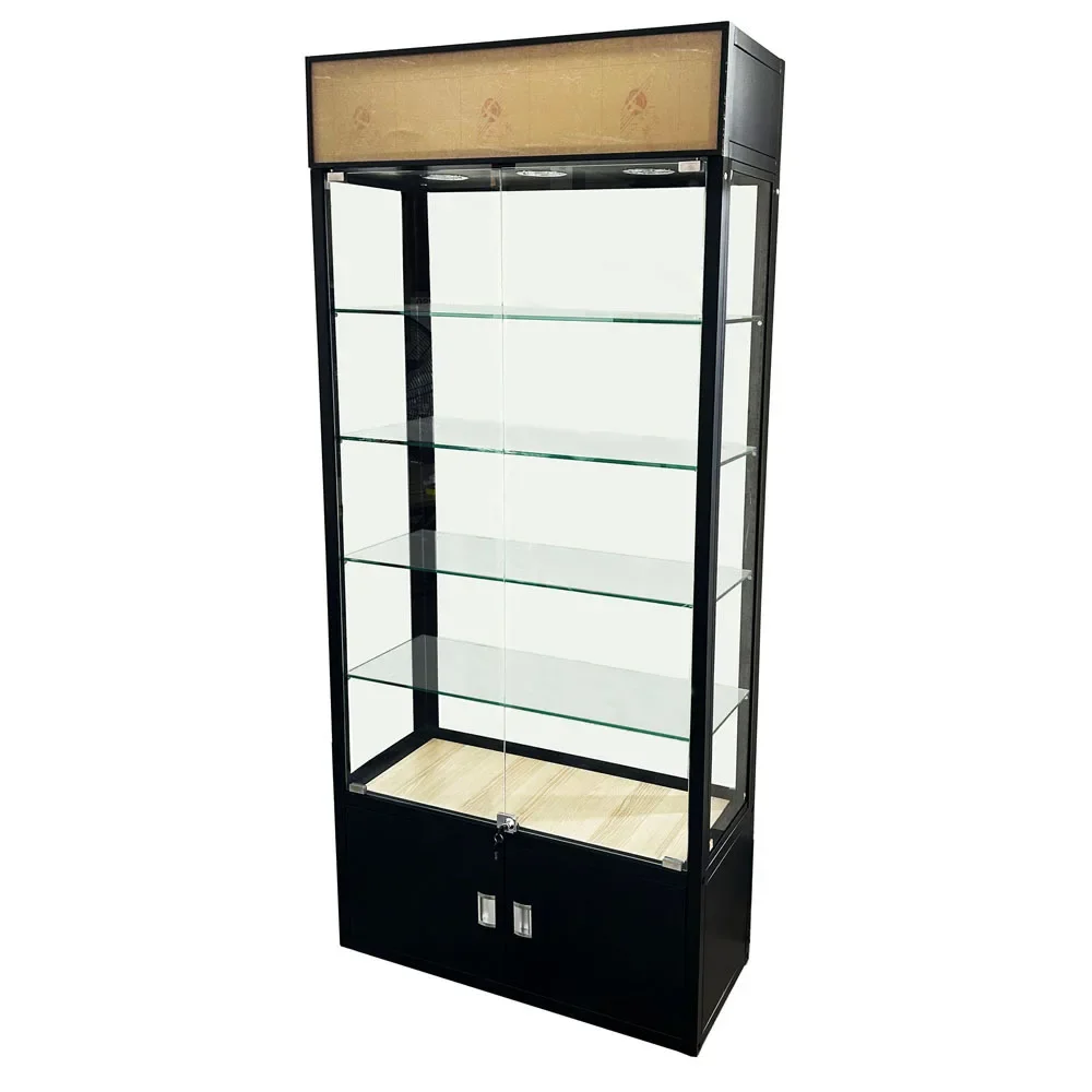 Iron four-layer glass cabinet rack, wood panel surface, glass laminate, high low adjustable shopping mall store display shel