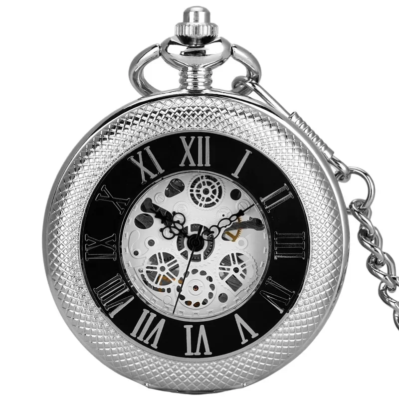 Silver Engraved Roman Number Cover Men Women Skeleton Handwinding Mechanical Pocket Watch FOB Chain Hollow-out Case Clock
