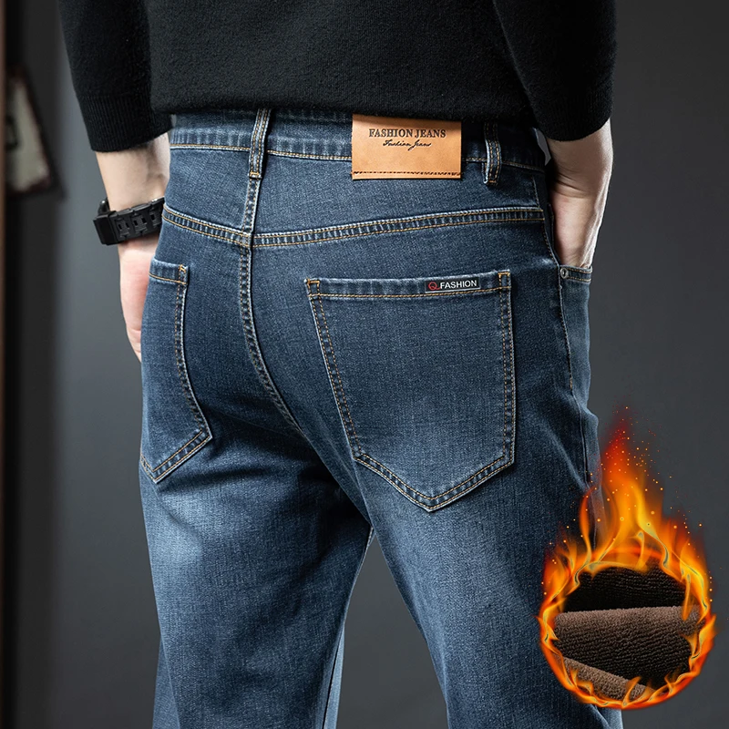 أزياء الشتاء الرجال الصوف الجينز تمتد سميكة الدافئة مريحة سراويل جينز عارضة المخملية الكلاسيكية الذكور الملابس السراويل