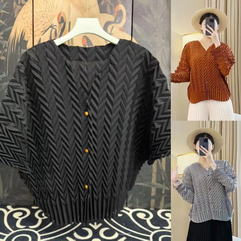 

Miyake плиссированная однотонная свободная рубашка, женский кардиган, новинка осени 202, блузка с рукавами «летучая мышь», v-образным вырезом и длинными рукавами, большие размеры, одежда