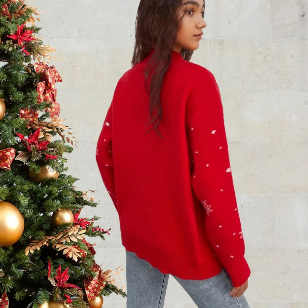 

Loose plus Size Christmas Deer Knitted Sweater Crewneck Long Sleeve Autumn Winter Knitwear for Women