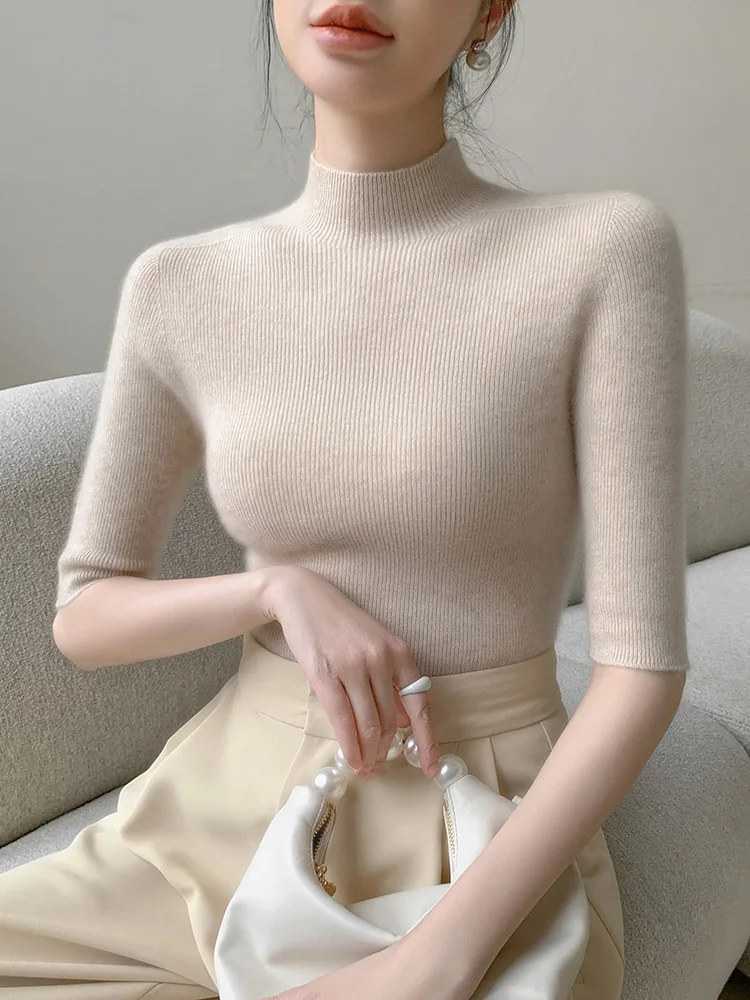 New Fashion Women Slim Mock Neck Half Sleeve Pullover Sweater Pure Color Basic Soft 100% Merino Wool Knitwear Spring Summer Tops