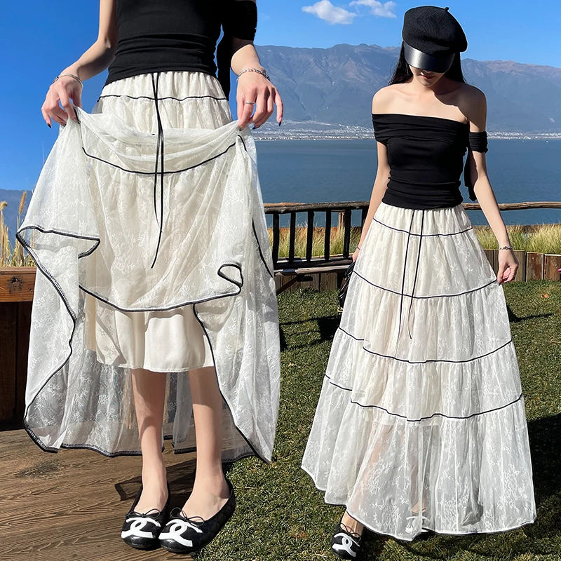 Elegant Romantic Beautiful Lace Pleated Heavy Sense Half-length Long Skirt Elegantly Drifting A-line Skirt Polyester Fiber
