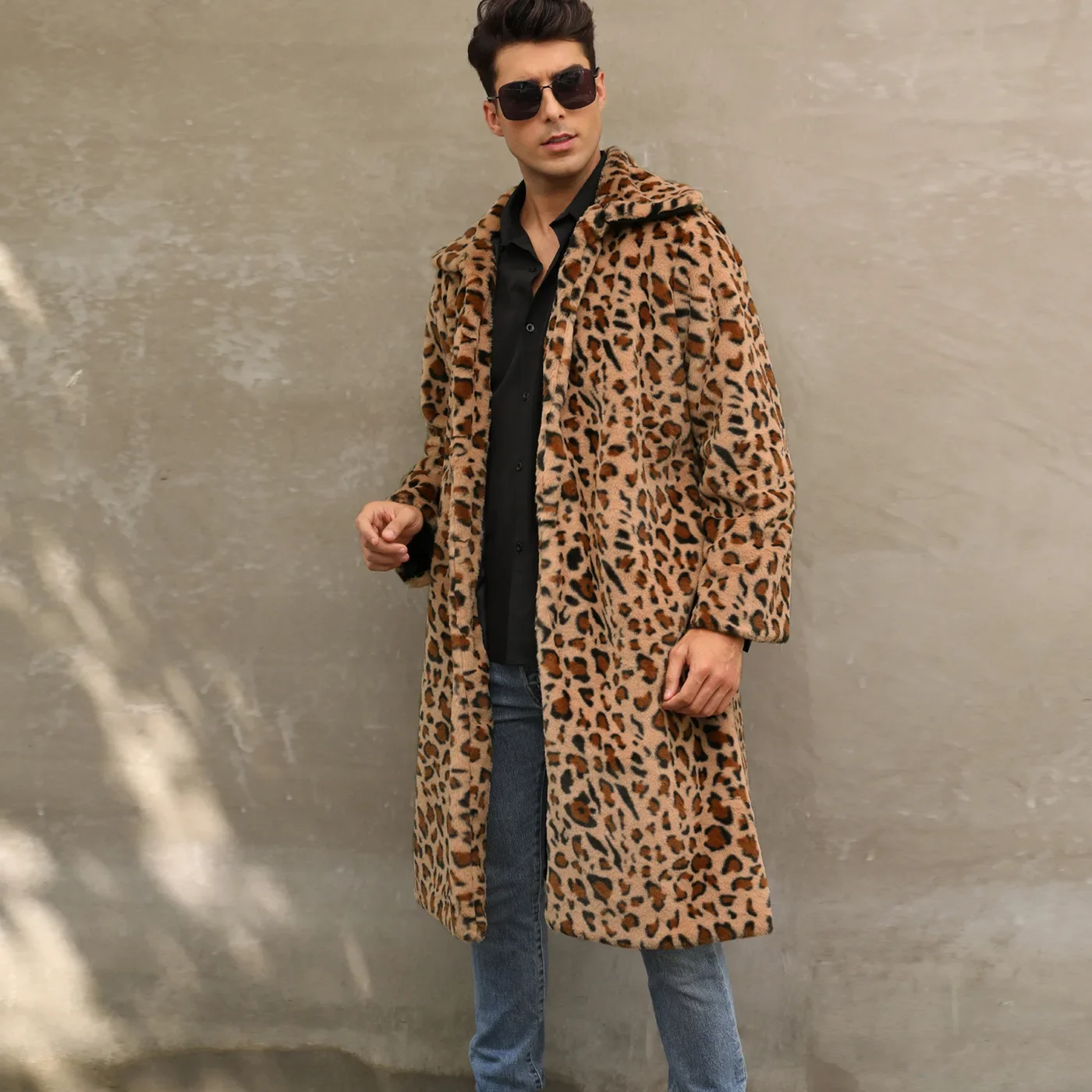 Men Faux Fur Jacket Leopard Coat Winter Thick Long Sleeve Warm Shaggy Outerwear Luxury Fur Long Jacket Bontjas Jackets Mens