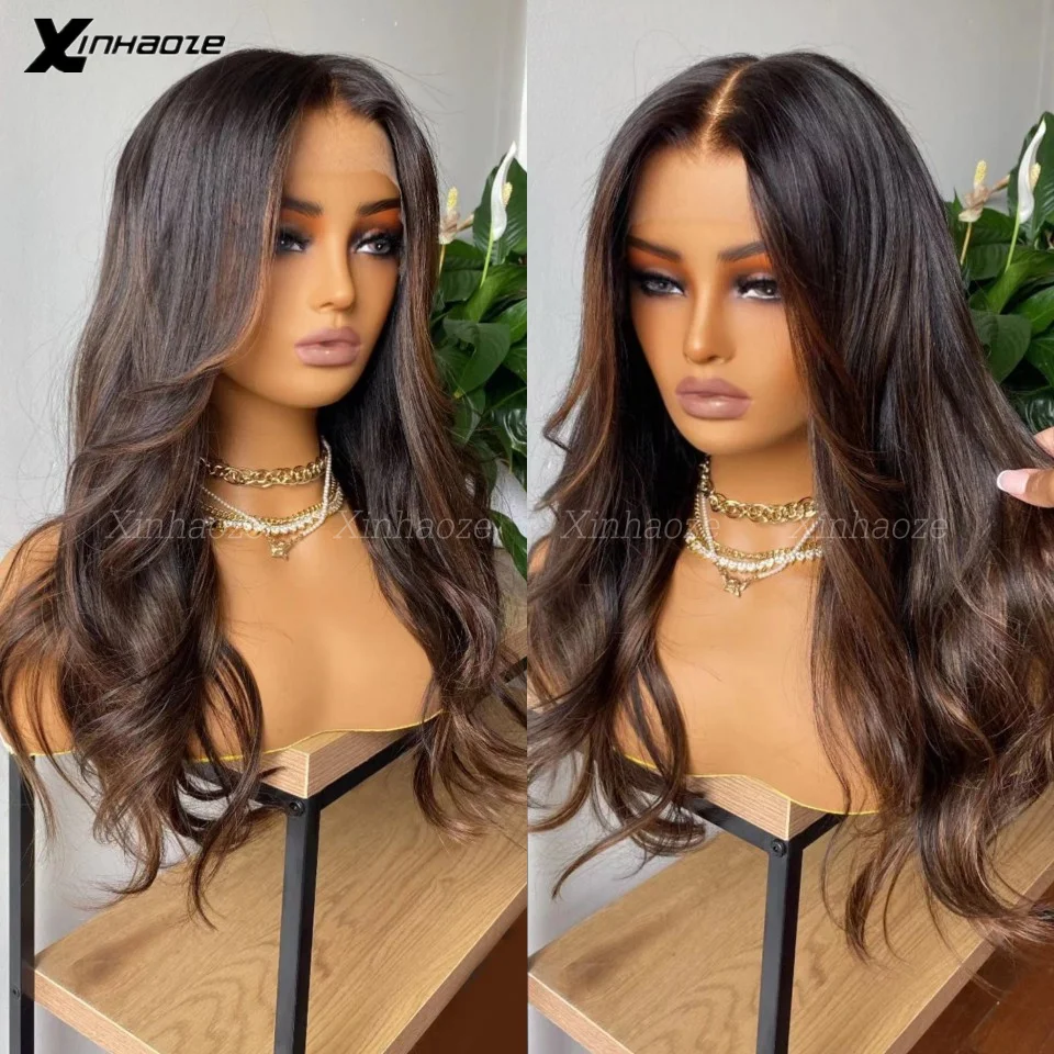 Brown Highlights Human Hair Wigs 5x5 Lace Closure Wigs for Women 26 Inches Dark Highlights Silk Base Lace Frontal Human Hair Wig