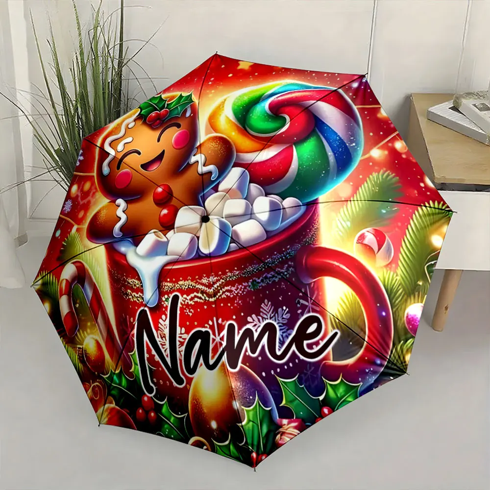 Custom Name Colorful Christmas-themed umbrella with festive design Print 8Iron Ribs Folding Umbrella Auto-Open Fashion Sunshade