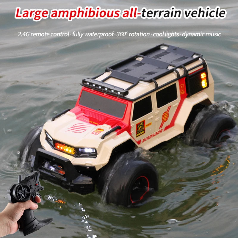 2.4G Amphibious RC Car for Kids, 4WD Waterproof Off-Road Police Truck Stunt Remote Control Vehicle with Light Music Toy for Boys