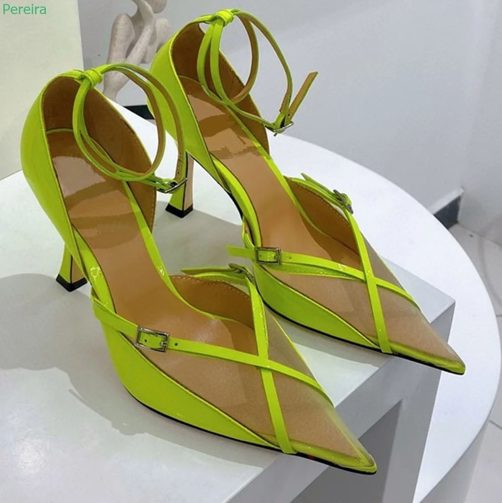 Green Breathable Mesh Pumps Summer Women's New Arrival Solid Thin High Heel Pointed Toe Ankle Buckle Fashion Sexy Dress Shoes