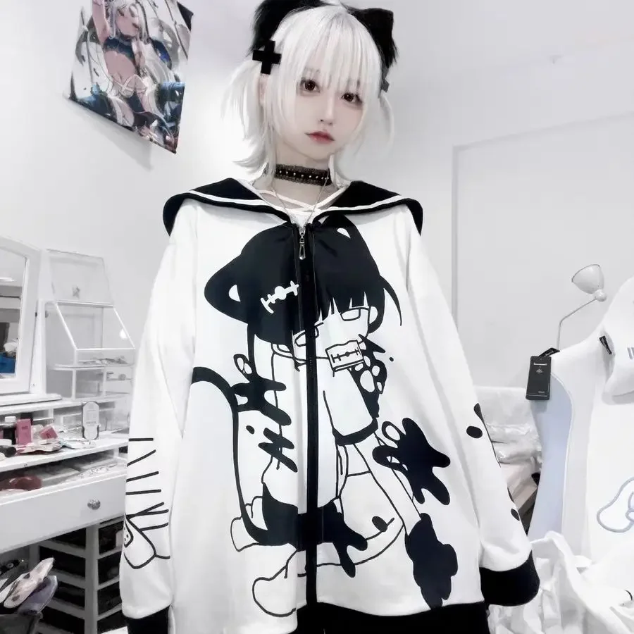 Black White Cat Ears Long Sleeve Y2k 2000s Cartoon Zip Up Jackets 2024 Autumn Winter Japanese Style Kawaii Subculture Hoodies