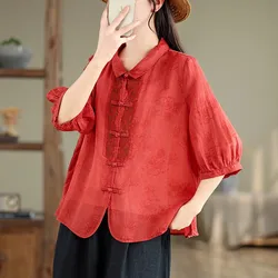 Women Casual Shirt New Arrival 2024 Summer Chinese Style Vintage Floral Embroidery Loose Female Half Sleeve Tops Shirts B3793