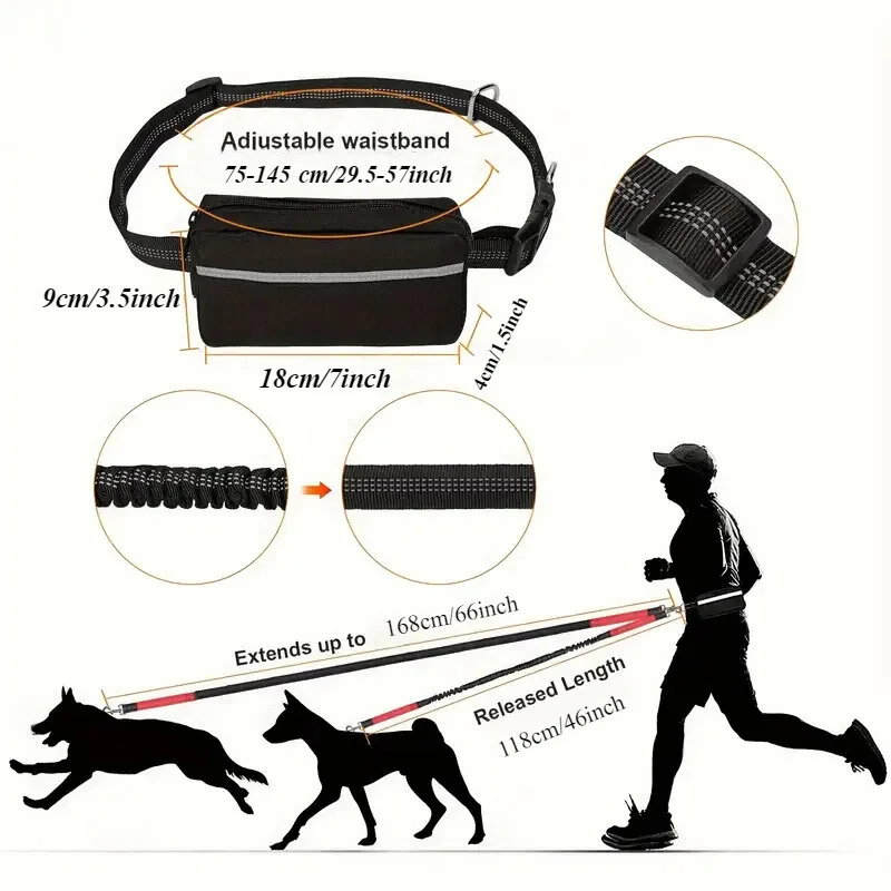 Hands Free Dog Leash With Dual Dog Leash Coupler For 2 Dog 360 Swivel Anti-Tangle Dog Leash With Waist Belt Bag Stitch Leash Dog