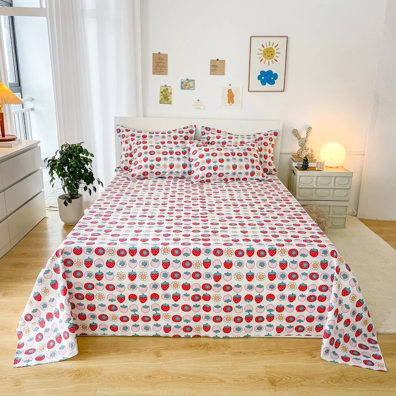 Red Strawberry Pattern Cotton Bed Sheet Set Queen Size Kawaii Fruit Flat Sheets with 2 Pillow Cases for Girls Women Home Decor