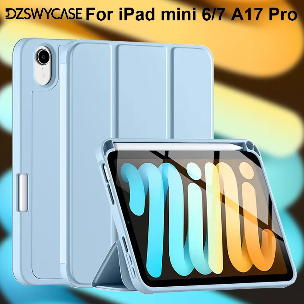 Case For iPad Mini 6/7 A17 Pro 8.3 Inch, With Pencil Holder, Trifold Stand, Shockproof Soft TPU Back Cover, Auto Sleep/Wake