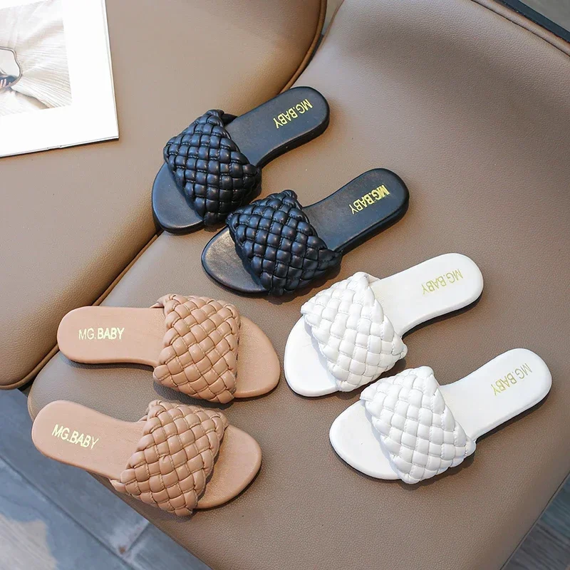 Summer Girl's Slippers Braided Solid Color Casual Chic Kids Sliders Slip-on Holiday Leisure Dialy Non-slip Children Sandals26-36