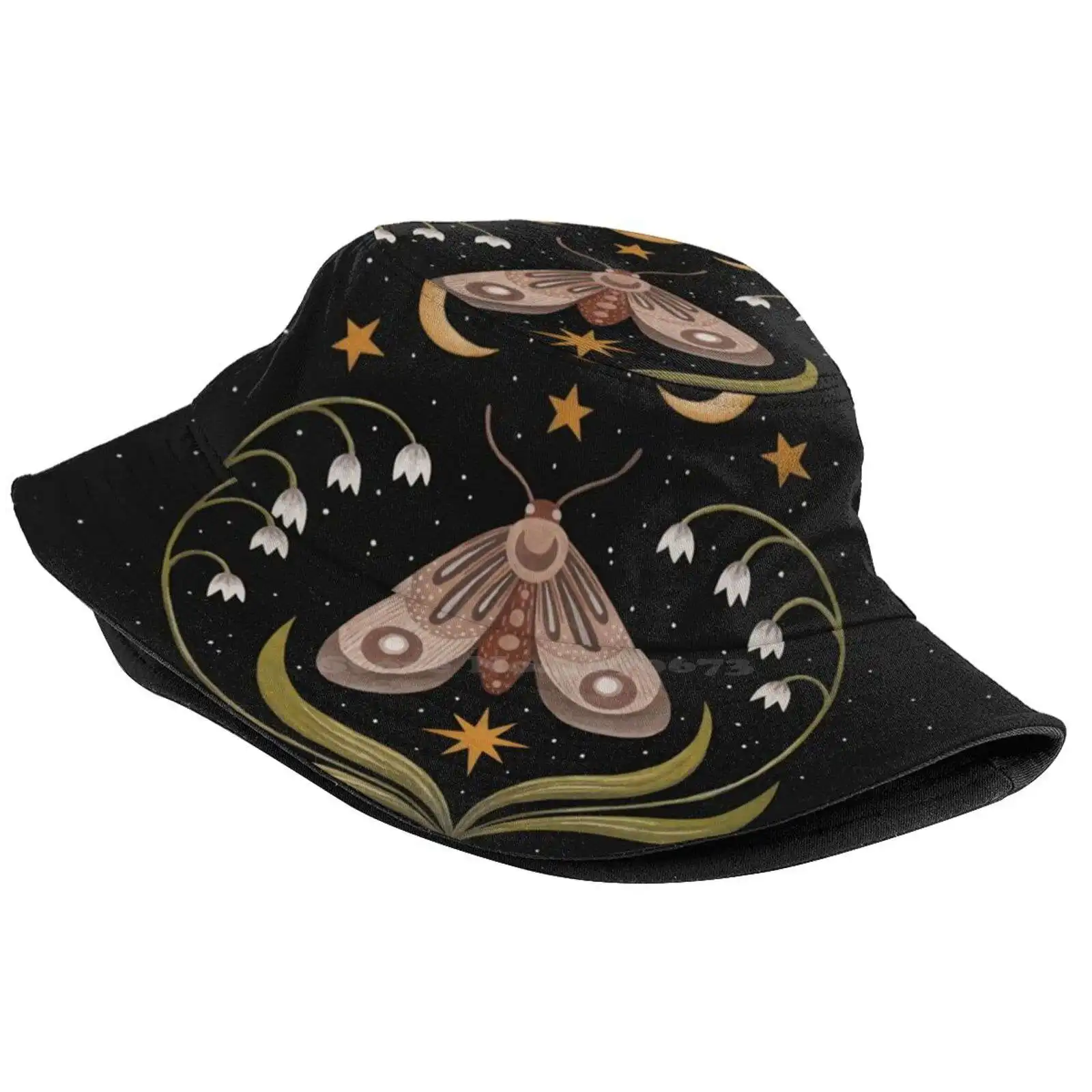 Under The Three Moons Sun Cap Fisherman Hat Bucket Hats Gouache Moth Butterfly Insects Nocturnal Night Dark Black Flowers Lily