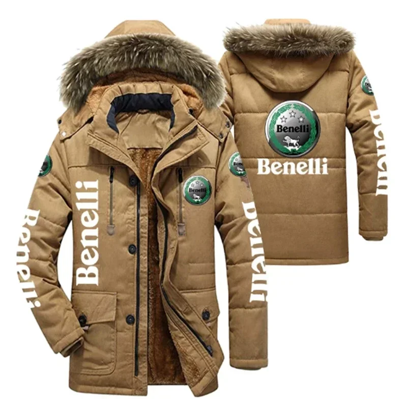 Benelli Logo Men\'s Winter Cotton Jackets Hooded Parkas Lamb Fur Lining Plush Men Cold Thickening Fashion Motorcycle Jacket