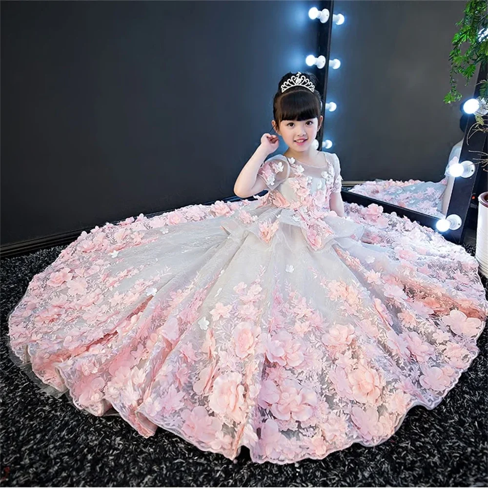 Luxury 3d Applique Pink 2024 Flower Girl Dress Kids Princess Short Sleeve  Wedding Tulle Prom Pageant Junior Bridesmaid Dresses