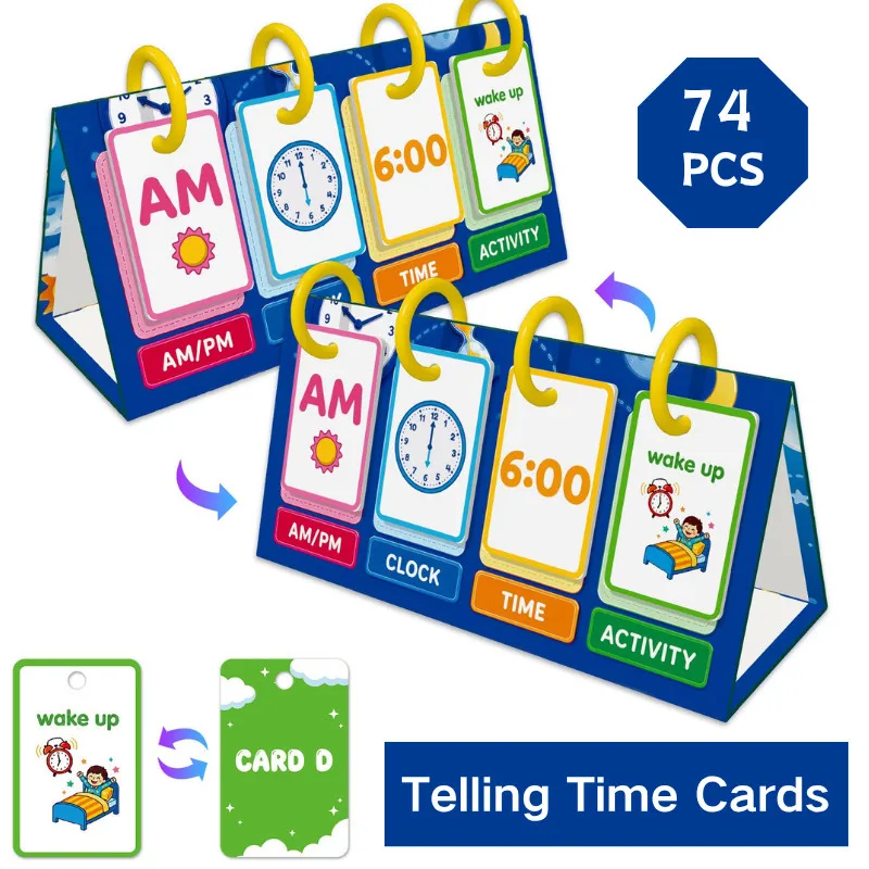 Telling Time Math Flashcards for Children AM PM , Digital Clock, Time & Activity Match Educational Learning Cards Desk Calendar