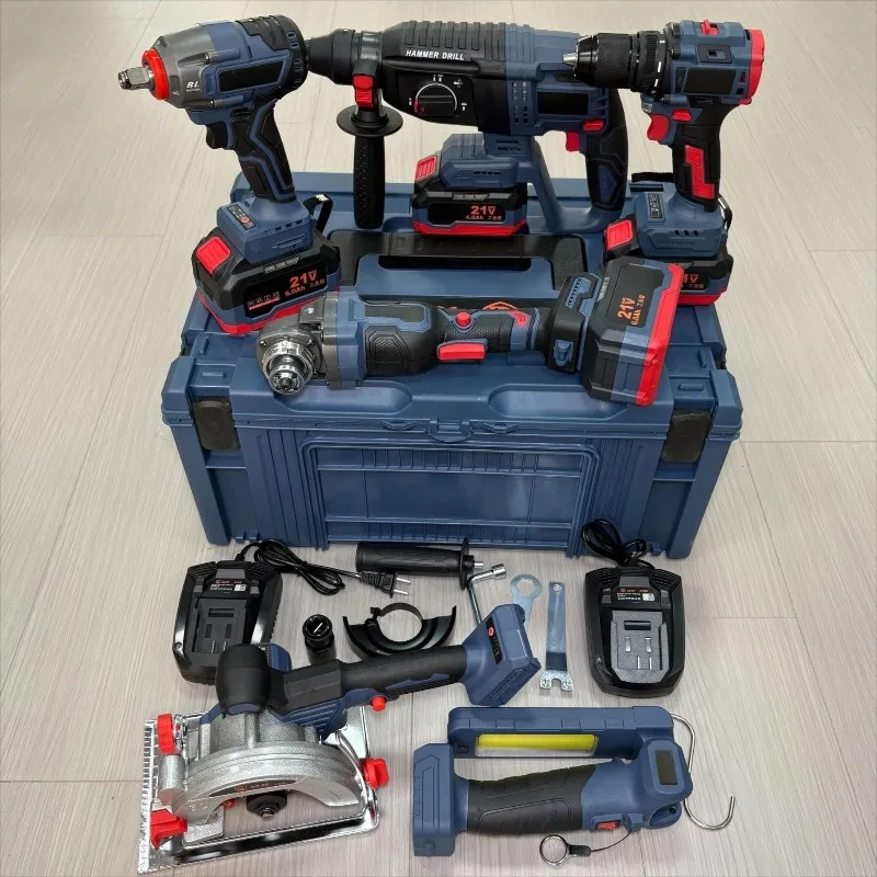 Li-ion Battery brushless Power Tool Set, Electric Drill, Impact Wrench, Rotary Hammer, Angle Grinder, Circular Saw, Work Light