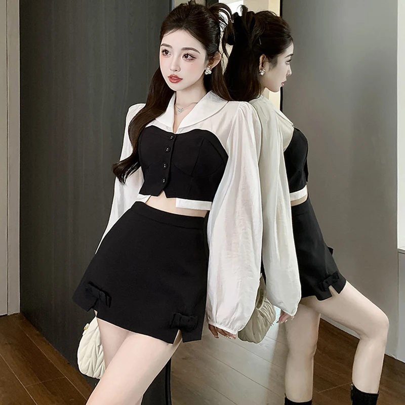 Two Piece Set Women Hit Color Splicing Puff Long Sleeve Slim Crop Tops + Bow Mini Skirt Outfits Korea Fashion Sweet Lady Clothes