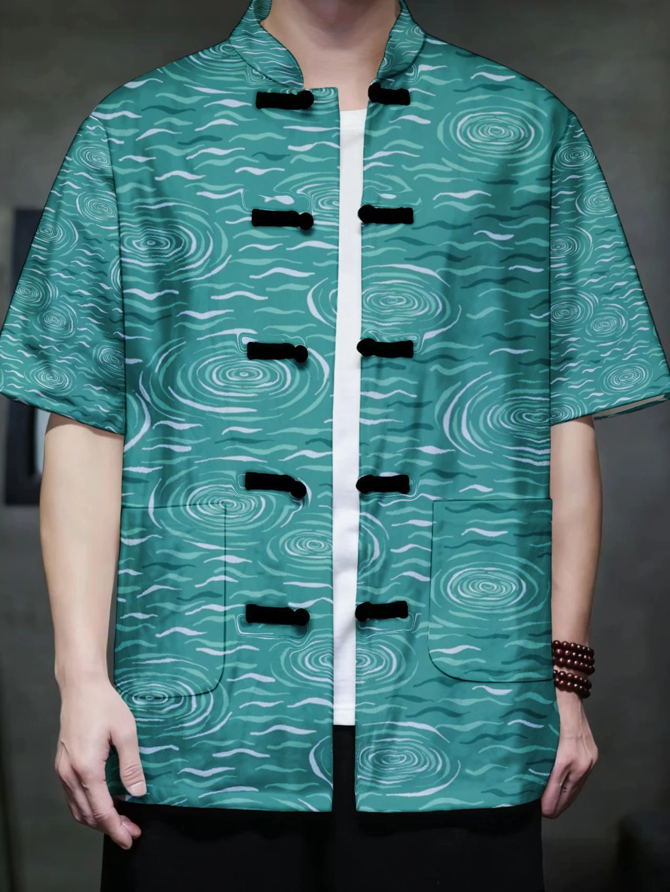 Men Retro Chinese Tang Suit Short Sleeve Top Mandarin Collar Frog Button Water Ripple Wave Pattern All Over Print Open Front Cas