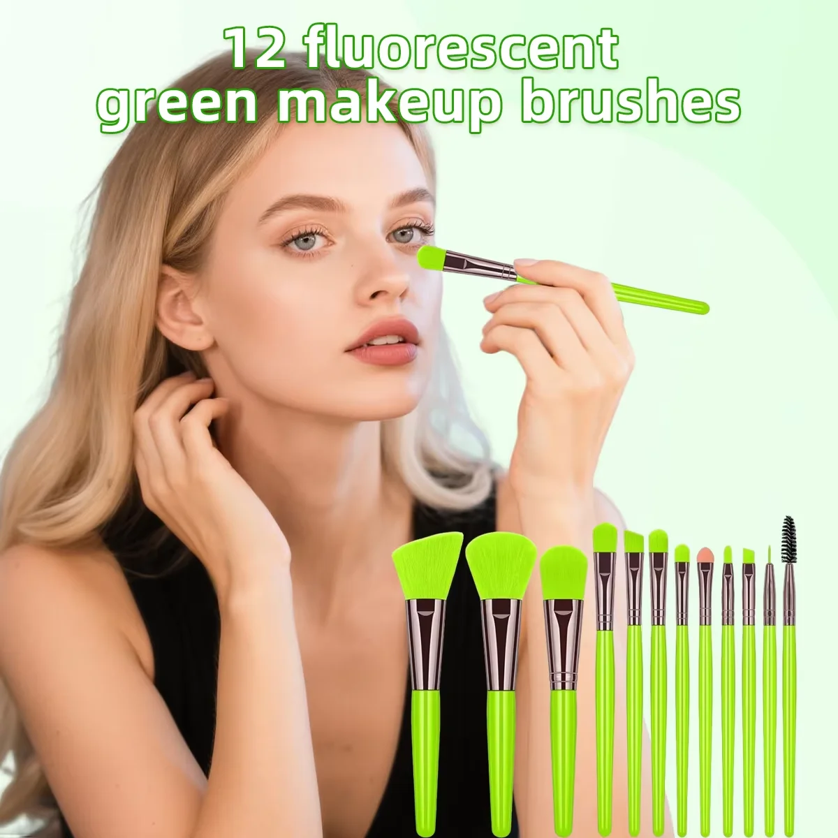 12PC High-Value Fluorescent Green Makeup Brush Set Soft Bristle No Shed Easily Must Have for Applying Foundation Blush Eyeshadow