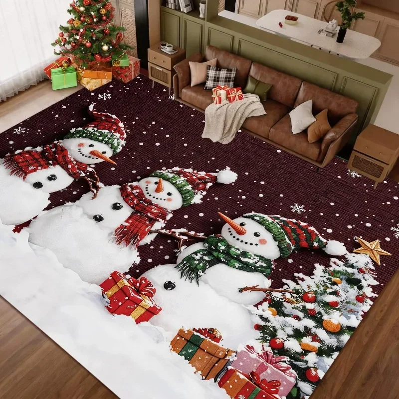 Burgundy Cute Group Snowman Christmas Area Rug Snowy Xmas Gift Tree Art Print Large Floor Mat for Holiday Home Decor Area Rug