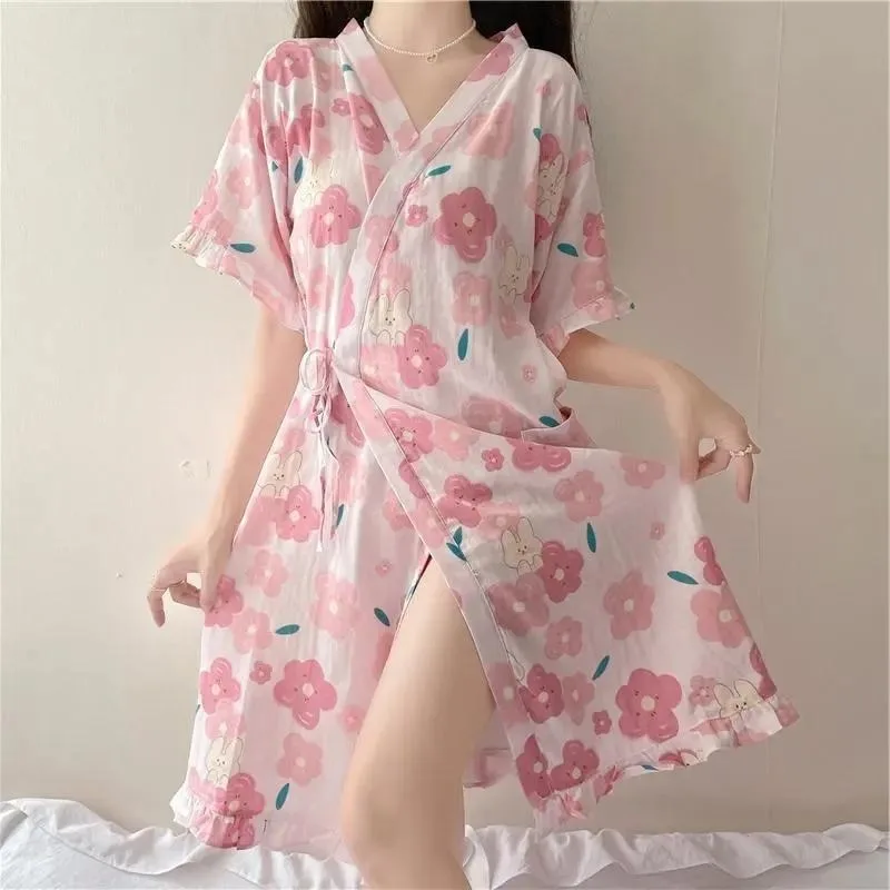 

150kg Extra Large Size Robes 3XL Japanese Kimono Women Loose Floral Strap Nightgown Knee Length Bathrobe Plus Size Loungewear