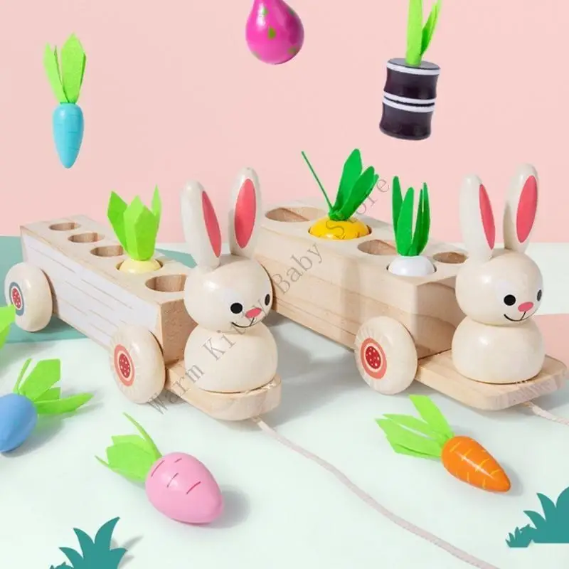 Montessori Baby Holz Puzzle Sortierung Spiel Kaninchen Pull Warenkorb und Karotte Passenden Spiel Für Baby Feinmotorik Pädagogisches Spielzeug