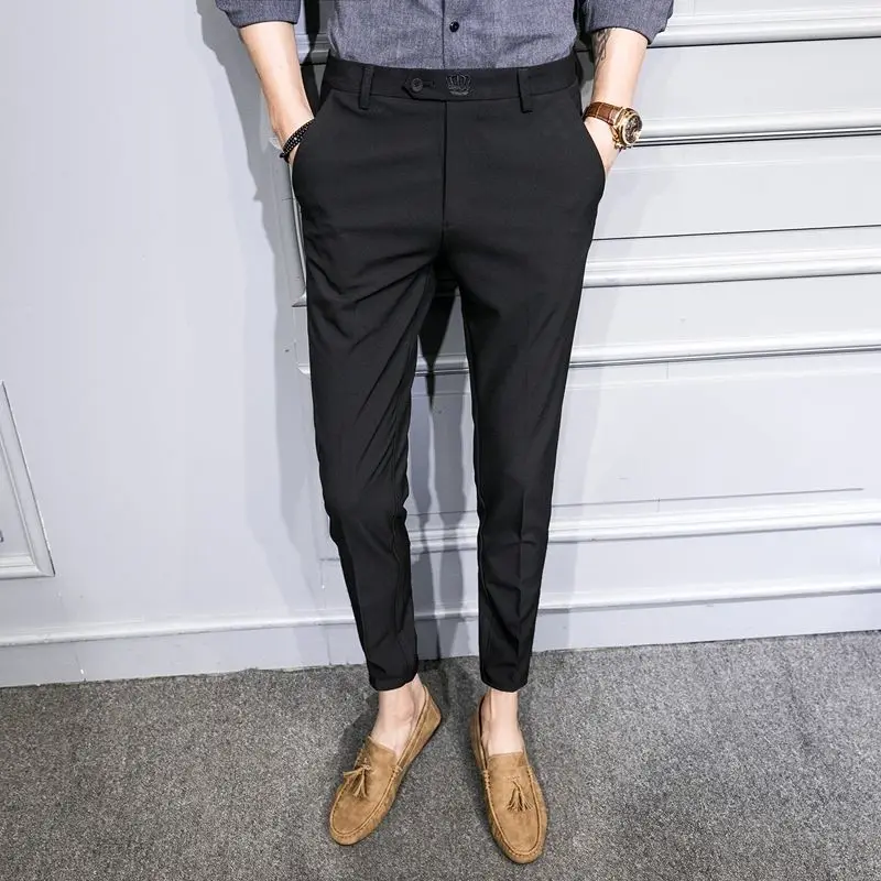 Spring Thin Korean Trendy Slim Pencil Pants Men\'s Printed Plaid Patchwork Button Pocket Smart Casual Versatile Straight Trousers