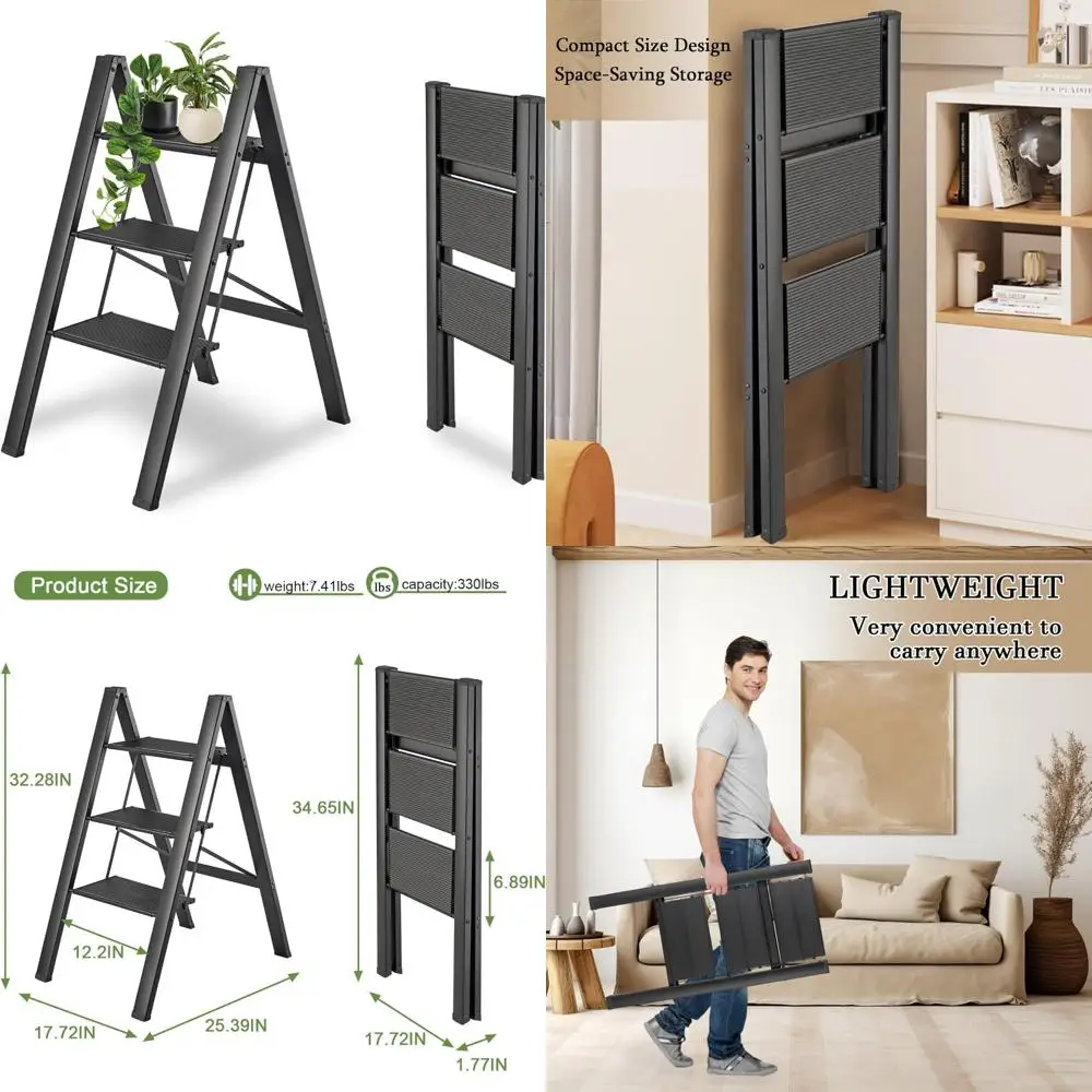 

folding aluminum step stool with wide anti-slip treads, supports up to 330 lbs