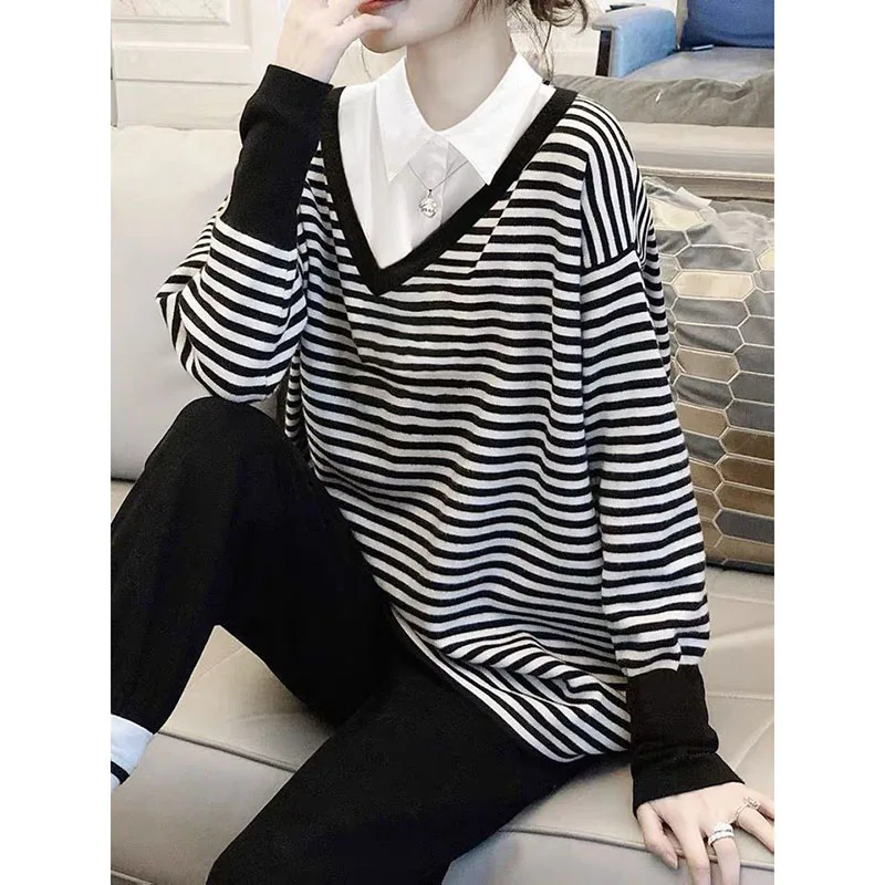 

Fashion Lapel Spliced Striped Fake Two Pieces Blouses Women's Clothing 2023 Autumn Winter Loose Casual Tops Commuter Shirts